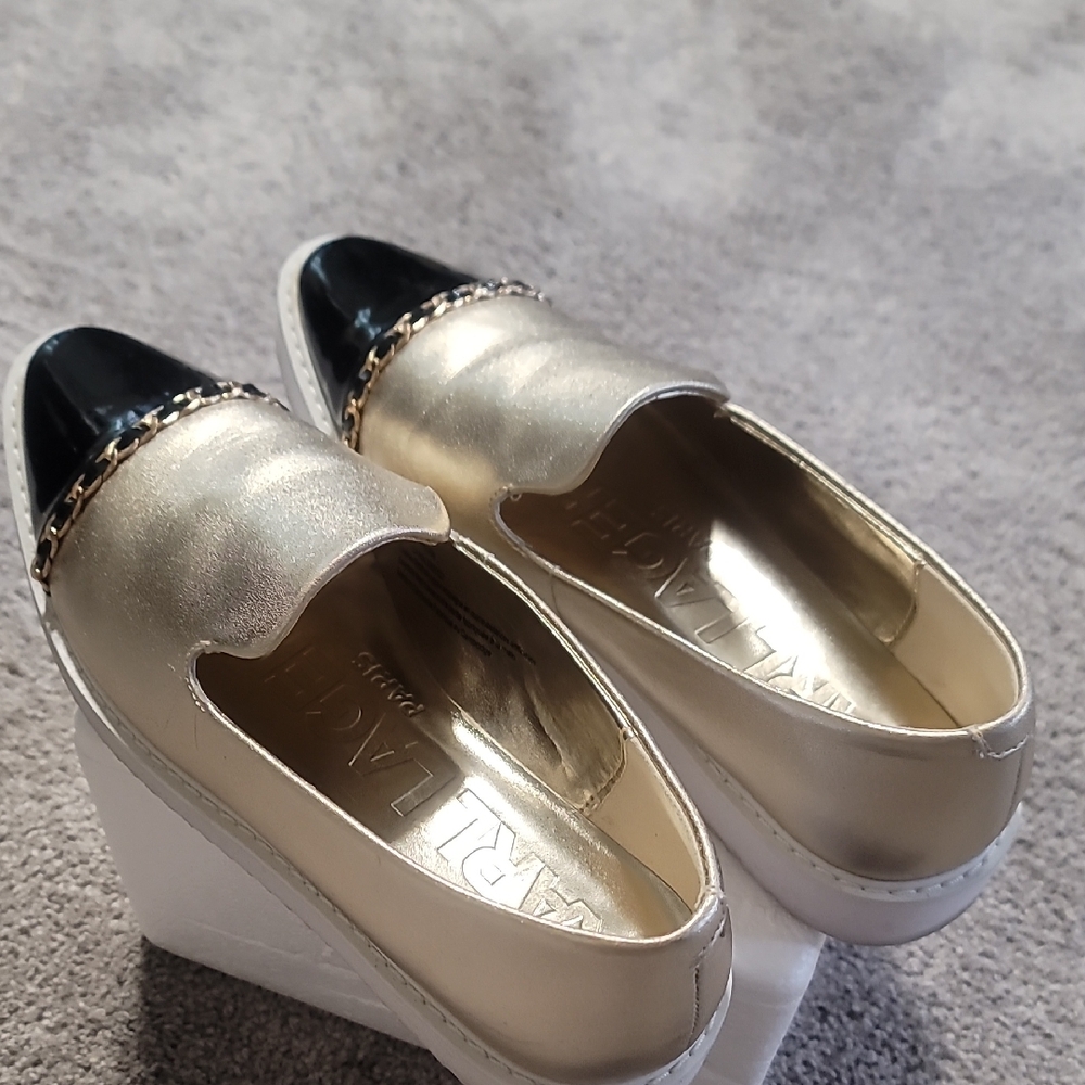 Karl Lagerfeld Metallic Gold and Black Wedge Loafers